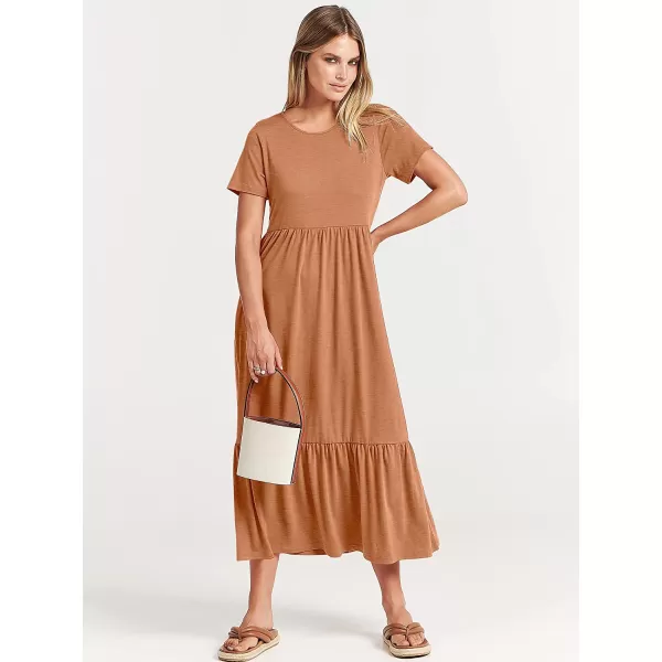 imageANRABESS Womens Summer Casual Short Sleeve Crewneck Swing Dress Casual Flowy Tiered Maxi Beach Dress with PocketsBrown