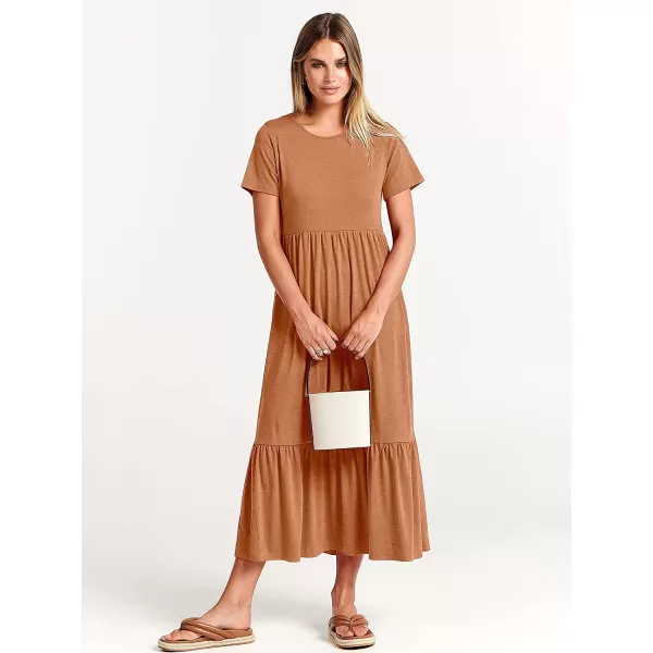 imageANRABESS Womens Summer Casual Short Sleeve Crewneck Swing Dress Casual Flowy Tiered Maxi Beach Dress with PocketsBrown