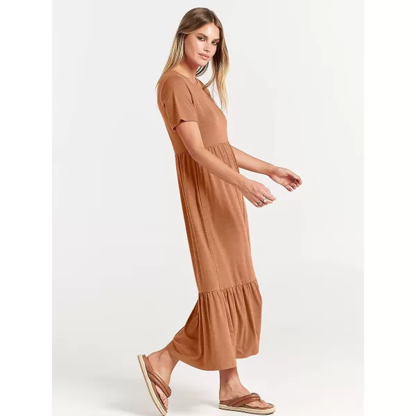 imageANRABESS Womens Summer Casual Short Sleeve Crewneck Swing Dress Casual Flowy Tiered Maxi Beach Dress with PocketsBrown