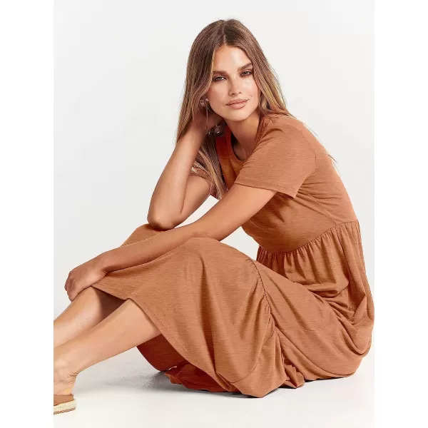imageANRABESS Womens Summer Casual Short Sleeve Crewneck Swing Dress Casual Flowy Tiered Maxi Beach Dress with PocketsBrown