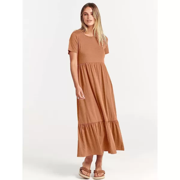 imageANRABESS Womens Summer Casual Short Sleeve Crewneck Swing Dress Casual Flowy Tiered Maxi Beach Dress with PocketsBrown