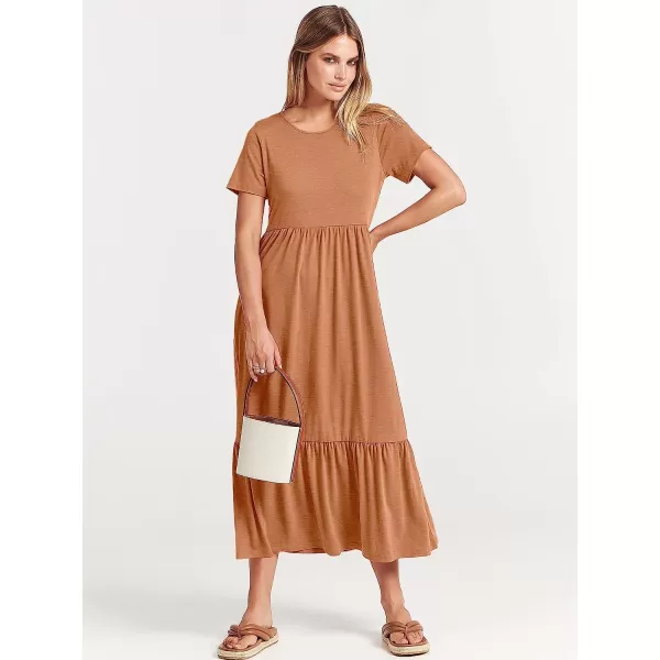 imageANRABESS Womens Summer Casual Short Sleeve Crewneck Swing Dress Casual Flowy Tiered Maxi Beach Dress with PocketsBrown