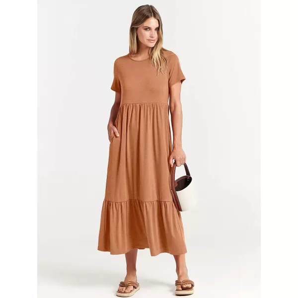 imageANRABESS Womens Summer Casual Short Sleeve Crewneck Swing Dress Casual Flowy Tiered Maxi Beach Dress with PocketsBrown