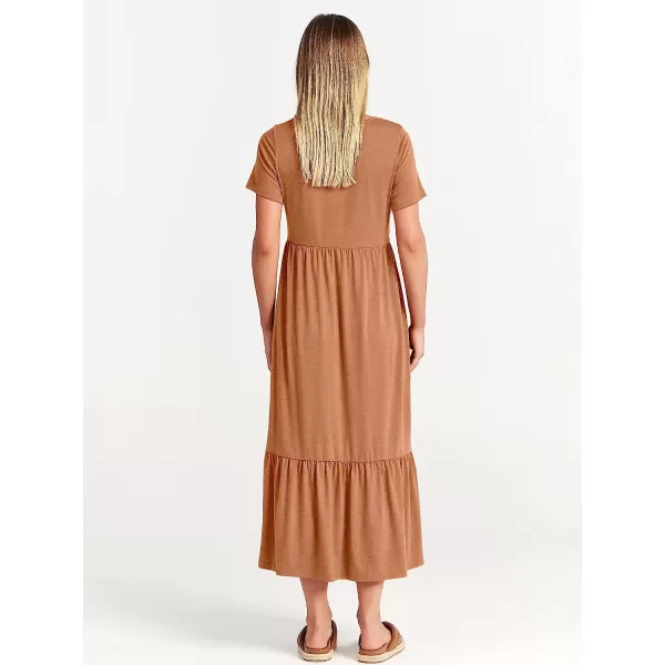 imageANRABESS Womens Summer Casual Short Sleeve Crewneck Swing Dress Casual Flowy Tiered Maxi Beach Dress with PocketsBrown