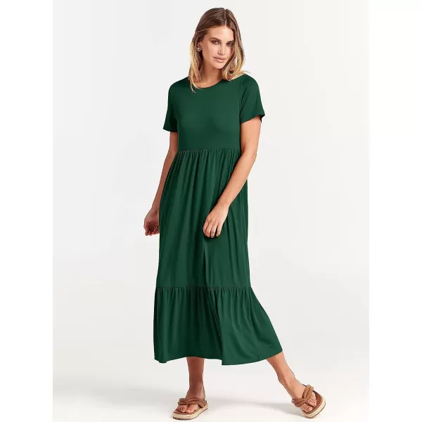 imageANRABESS Womens Summer Casual Short Sleeve Crewneck Swing Dress Casual Flowy Tiered Maxi Beach Dress with PocketsDeep Green