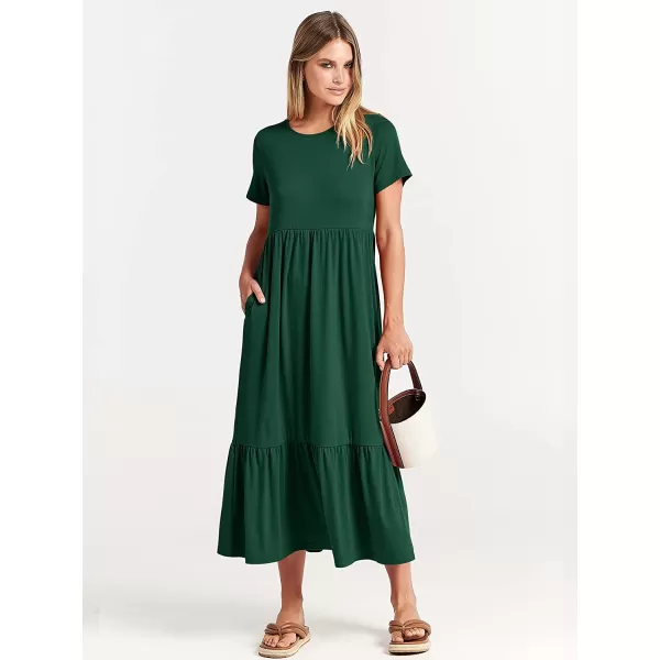imageANRABESS Womens Summer Casual Short Sleeve Crewneck Swing Dress Casual Flowy Tiered Maxi Beach Dress with PocketsDeep Green