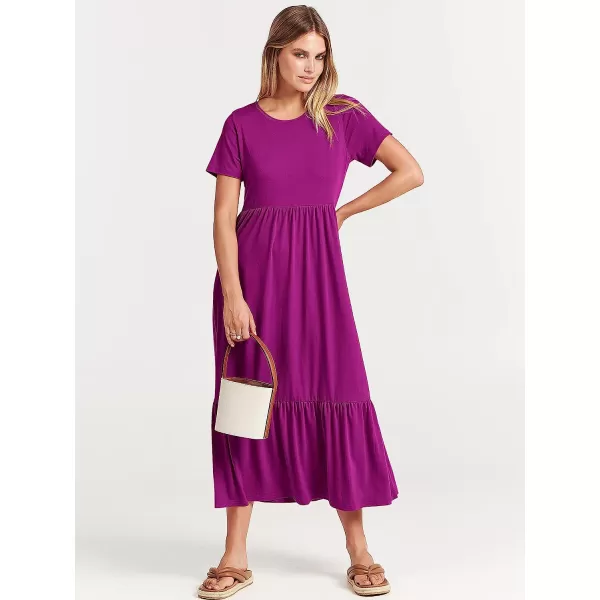imageANRABESS Womens Summer Casual Short Sleeve Crewneck Swing Dress Casual Flowy Tiered Maxi Beach Dress with PocketsFuchsia