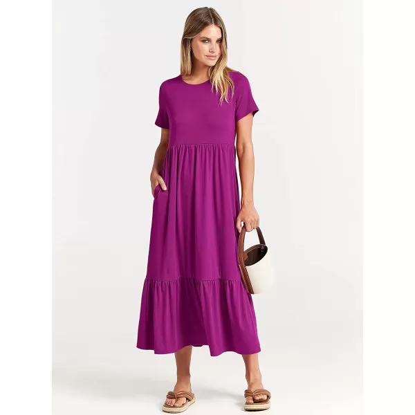 imageANRABESS Womens Summer Casual Short Sleeve Crewneck Swing Dress Casual Flowy Tiered Maxi Beach Dress with PocketsFuchsia