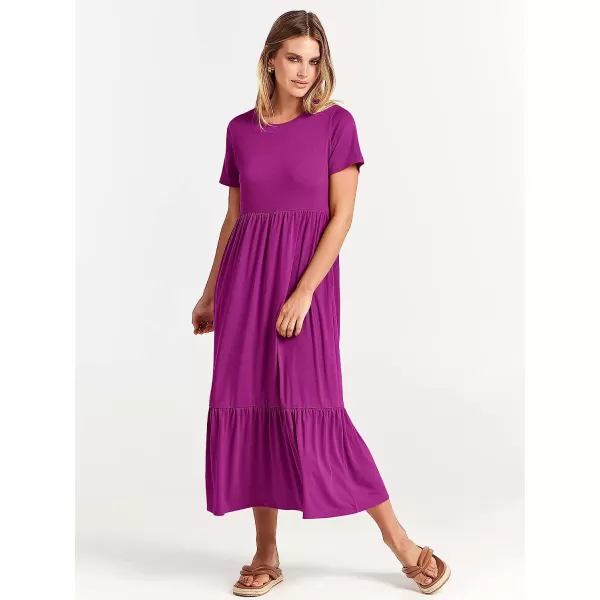 imageANRABESS Womens Summer Casual Short Sleeve Crewneck Swing Dress Casual Flowy Tiered Maxi Beach Dress with PocketsFuchsia