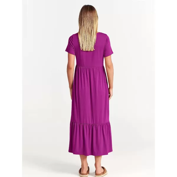 imageANRABESS Womens Summer Casual Short Sleeve Crewneck Swing Dress Casual Flowy Tiered Maxi Beach Dress with PocketsFuchsia