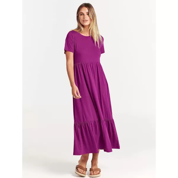 imageANRABESS Womens Summer Casual Short Sleeve Crewneck Swing Dress Casual Flowy Tiered Maxi Beach Dress with PocketsFuchsia