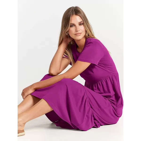 imageANRABESS Womens Summer Casual Short Sleeve Crewneck Swing Dress Casual Flowy Tiered Maxi Beach Dress with PocketsFuchsia