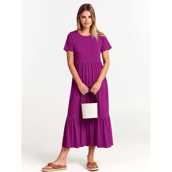 imageANRABESS Womens Summer Casual Short Sleeve Crewneck Swing Dress Casual Flowy Tiered Maxi Beach Dress with PocketsFuchsia