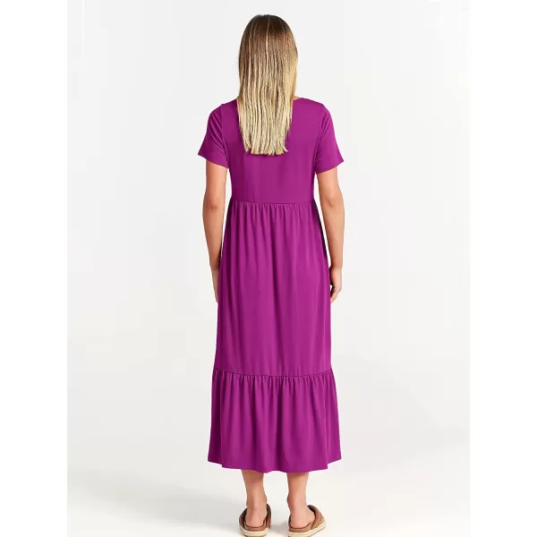 imageANRABESS Womens Summer Casual Short Sleeve Crewneck Swing Dress Casual Flowy Tiered Maxi Beach Dress with PocketsFuchsia