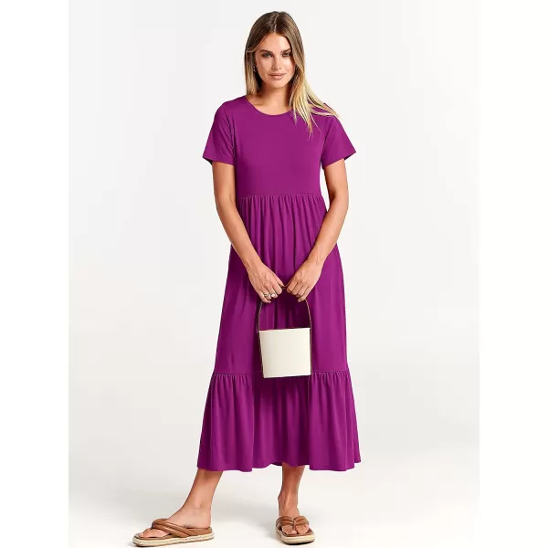 imageANRABESS Womens Summer Casual Short Sleeve Crewneck Swing Dress Casual Flowy Tiered Maxi Beach Dress with PocketsFuchsia
