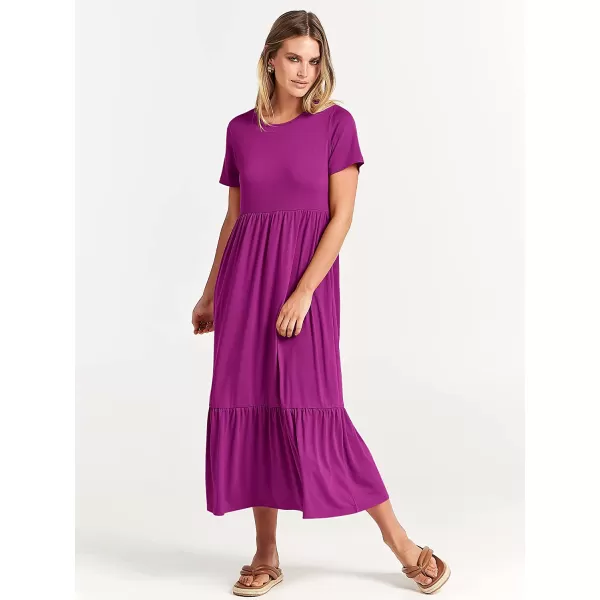 imageANRABESS Womens Summer Casual Short Sleeve Crewneck Swing Dress Casual Flowy Tiered Maxi Beach Dress with PocketsFuchsia