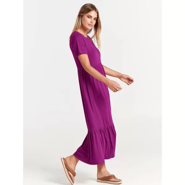 imageANRABESS Womens Summer Casual Short Sleeve Crewneck Swing Dress Casual Flowy Tiered Maxi Beach Dress with PocketsFuchsia
