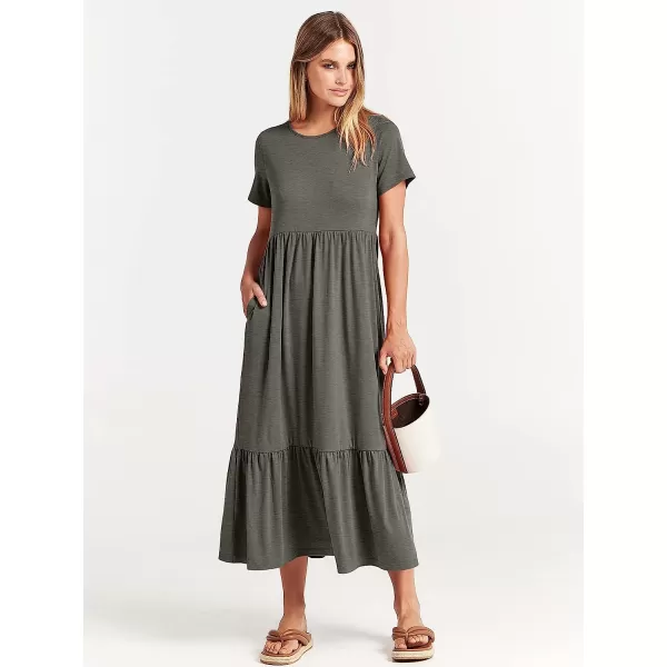 imageANRABESS Womens Summer Casual Short Sleeve Crewneck Swing Dress Casual Flowy Tiered Maxi Beach Dress with PocketsGray