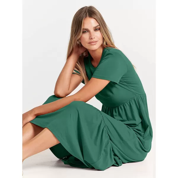 imageANRABESS Womens Summer Casual Short Sleeve Crewneck Swing Dress Casual Flowy Tiered Maxi Beach Dress with PocketsGreen
