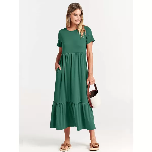 imageANRABESS Womens Summer Casual Short Sleeve Crewneck Swing Dress Casual Flowy Tiered Maxi Beach Dress with PocketsGreen