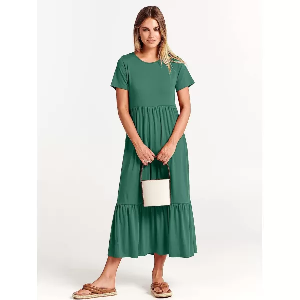 imageANRABESS Womens Summer Casual Short Sleeve Crewneck Swing Dress Casual Flowy Tiered Maxi Beach Dress with PocketsGreen