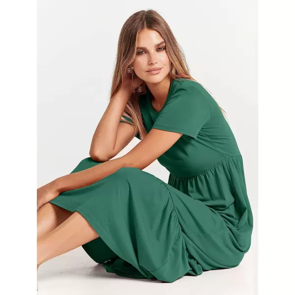 imageANRABESS Womens Summer Casual Short Sleeve Crewneck Swing Dress Casual Flowy Tiered Maxi Beach Dress with PocketsGreen