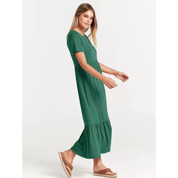 imageANRABESS Womens Summer Casual Short Sleeve Crewneck Swing Dress Casual Flowy Tiered Maxi Beach Dress with PocketsGreen