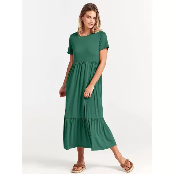 imageANRABESS Womens Summer Casual Short Sleeve Crewneck Swing Dress Casual Flowy Tiered Maxi Beach Dress with PocketsGreen