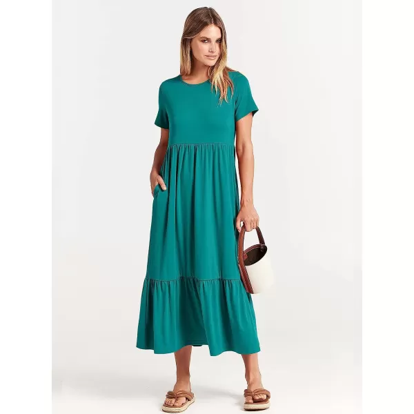 imageANRABESS Womens Summer Casual Short Sleeve Crewneck Swing Dress Casual Flowy Tiered Maxi Beach Dress with PocketsLake Green