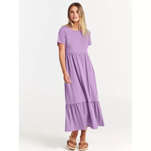 imageANRABESS Womens Summer Casual Short Sleeve Crewneck Swing Dress Casual Flowy Tiered Maxi Beach Dress with PocketsLilac