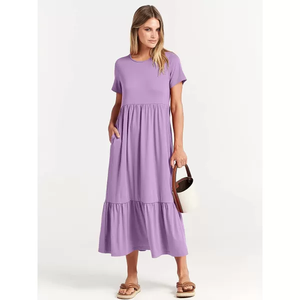 imageANRABESS Womens Summer Casual Short Sleeve Crewneck Swing Dress Casual Flowy Tiered Maxi Beach Dress with PocketsLilac