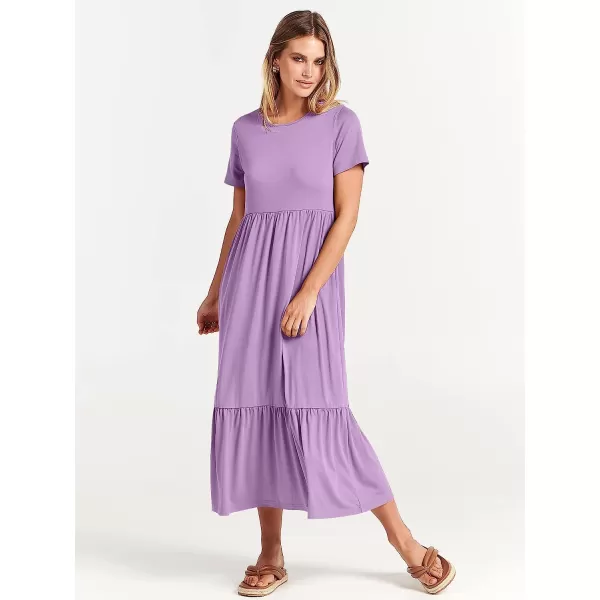 imageANRABESS Womens Summer Casual Short Sleeve Crewneck Swing Dress Casual Flowy Tiered Maxi Beach Dress with PocketsLilac
