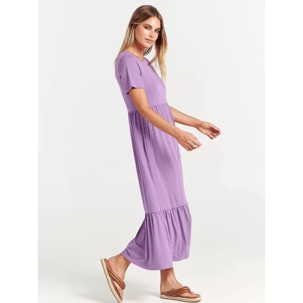 imageANRABESS Womens Summer Casual Short Sleeve Crewneck Swing Dress Casual Flowy Tiered Maxi Beach Dress with PocketsLilac