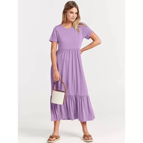 imageANRABESS Womens Summer Casual Short Sleeve Crewneck Swing Dress Casual Flowy Tiered Maxi Beach Dress with PocketsLilac