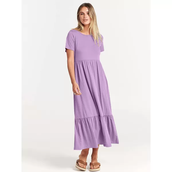 imageANRABESS Womens Summer Casual Short Sleeve Crewneck Swing Dress Casual Flowy Tiered Maxi Beach Dress with PocketsLilac