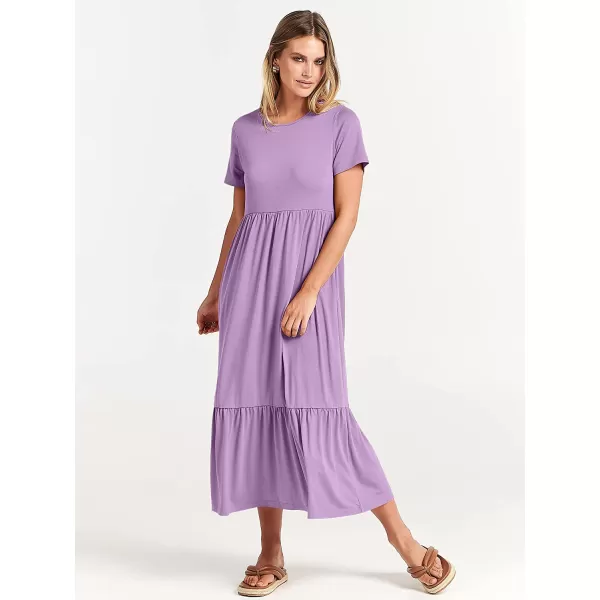 imageANRABESS Womens Summer Casual Short Sleeve Crewneck Swing Dress Casual Flowy Tiered Maxi Beach Dress with PocketsLilac
