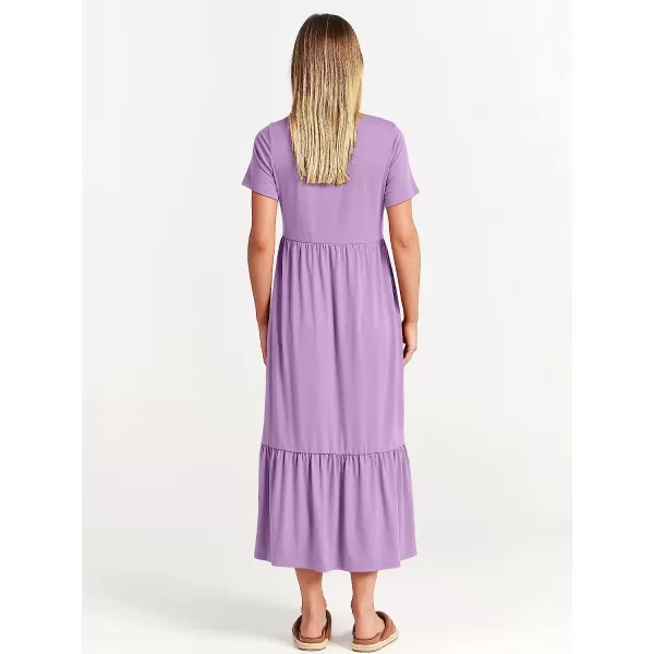 imageANRABESS Womens Summer Casual Short Sleeve Crewneck Swing Dress Casual Flowy Tiered Maxi Beach Dress with PocketsLilac