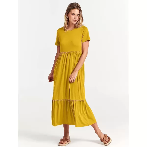 imageANRABESS Womens Summer Casual Short Sleeve Crewneck Swing Dress Casual Flowy Tiered Maxi Beach Dress with PocketsMustrad Yellow