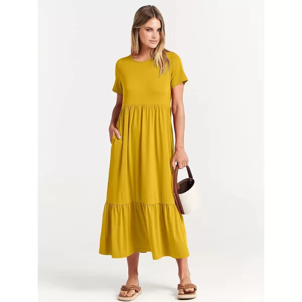 imageANRABESS Womens Summer Casual Short Sleeve Crewneck Swing Dress Casual Flowy Tiered Maxi Beach Dress with PocketsMustrad Yellow