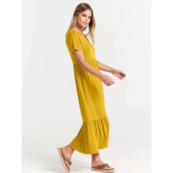 imageANRABESS Womens Summer Casual Short Sleeve Crewneck Swing Dress Casual Flowy Tiered Maxi Beach Dress with PocketsMustrad Yellow