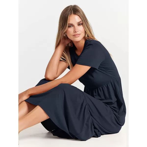 imageANRABESS Womens Summer Casual Short Sleeve Crewneck Swing Dress Casual Flowy Tiered Maxi Beach Dress with PocketsNavy Blue