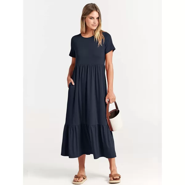 imageANRABESS Womens Summer Casual Short Sleeve Crewneck Swing Dress Casual Flowy Tiered Maxi Beach Dress with PocketsNavy Blue