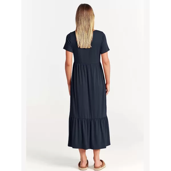 imageANRABESS Womens Summer Casual Short Sleeve Crewneck Swing Dress Casual Flowy Tiered Maxi Beach Dress with PocketsNavy Blue