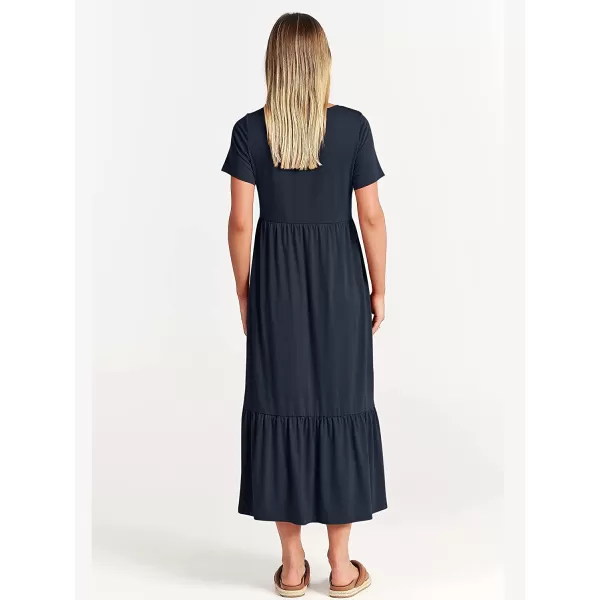 imageANRABESS Womens Summer Casual Short Sleeve Crewneck Swing Dress Casual Flowy Tiered Maxi Beach Dress with PocketsNavy Blue