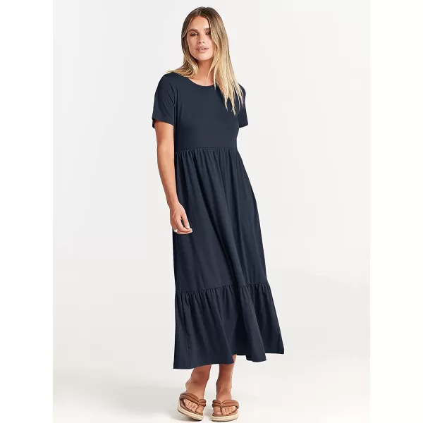 imageANRABESS Womens Summer Casual Short Sleeve Crewneck Swing Dress Casual Flowy Tiered Maxi Beach Dress with PocketsNavy Blue