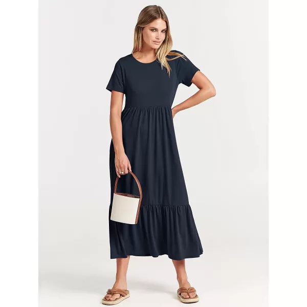 imageANRABESS Womens Summer Casual Short Sleeve Crewneck Swing Dress Casual Flowy Tiered Maxi Beach Dress with PocketsNavy Blue