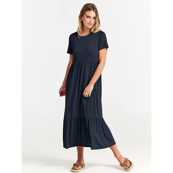 imageANRABESS Womens Summer Casual Short Sleeve Crewneck Swing Dress Casual Flowy Tiered Maxi Beach Dress with PocketsNavy Blue