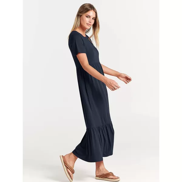 imageANRABESS Womens Summer Casual Short Sleeve Crewneck Swing Dress Casual Flowy Tiered Maxi Beach Dress with PocketsNavy Blue