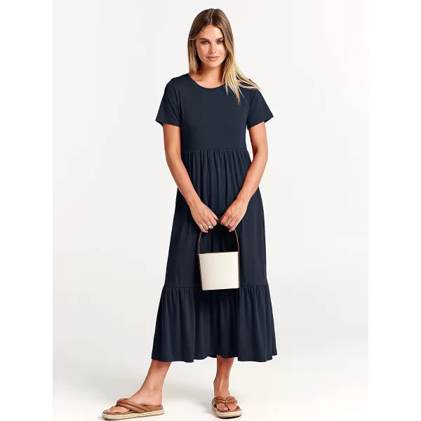 imageANRABESS Womens Summer Casual Short Sleeve Crewneck Swing Dress Casual Flowy Tiered Maxi Beach Dress with PocketsNavy Blue