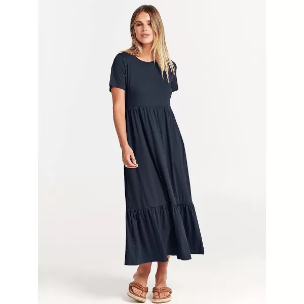 imageANRABESS Womens Summer Casual Short Sleeve Crewneck Swing Dress Casual Flowy Tiered Maxi Beach Dress with PocketsNavy Blue